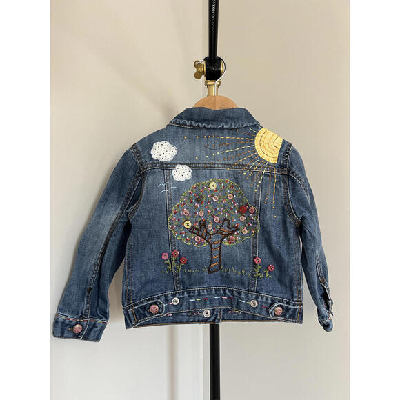 Y2K Vintage 2007 Baby Gap Kidcore Sun/Tree/Nature Embroidered Denim Jacket 4T